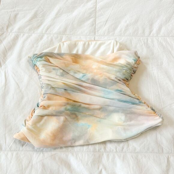 NWOT Blogger Fave Zara Pleated Mesh Strapless Tube Top Pastel Watercolor Print M - Picture 6 of 7
